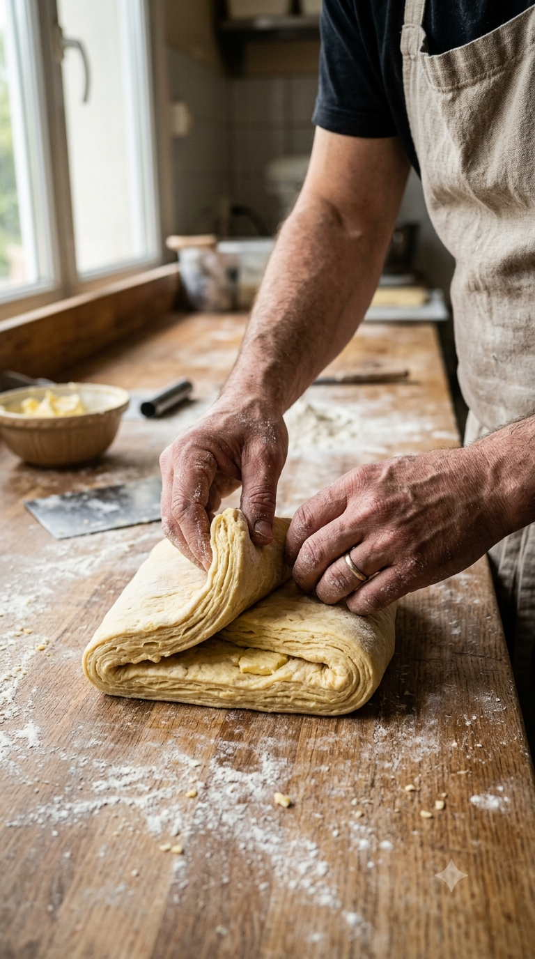 Mains pliant une pâte feuilletée au beurre salé sur un plan de travail fariné