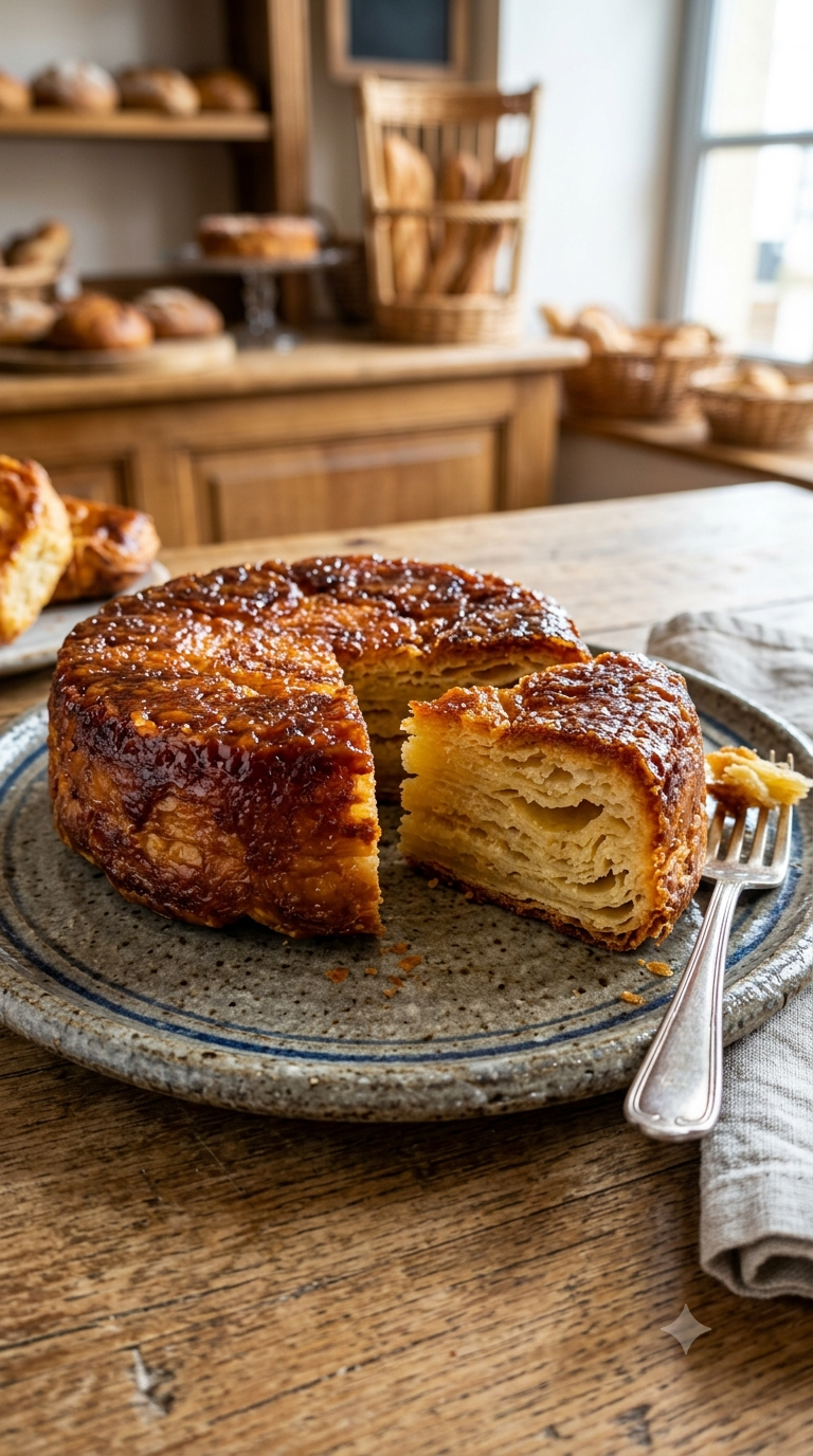 Kouign-amann entier avec une part tranchée, caramel doré en surface