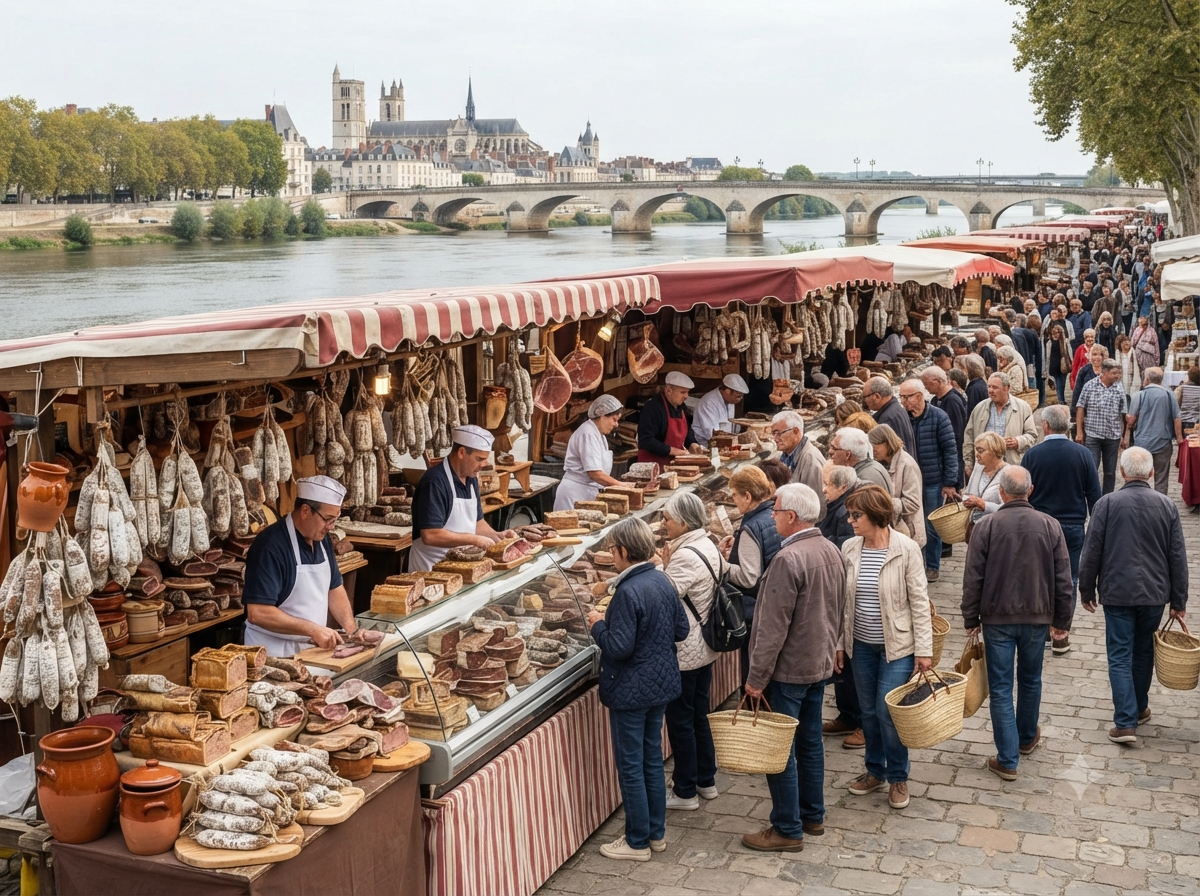 Marché traditionnel de Tours en bord de Loire avec étals de charcuterie