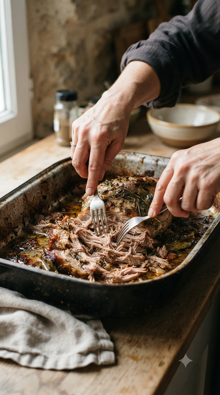Mains effilochant du porc confit à la fourchette dans un grand plat