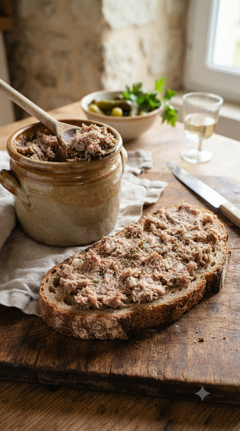 Rillettes de Tours tartinées sur une tranche de pain de campagne