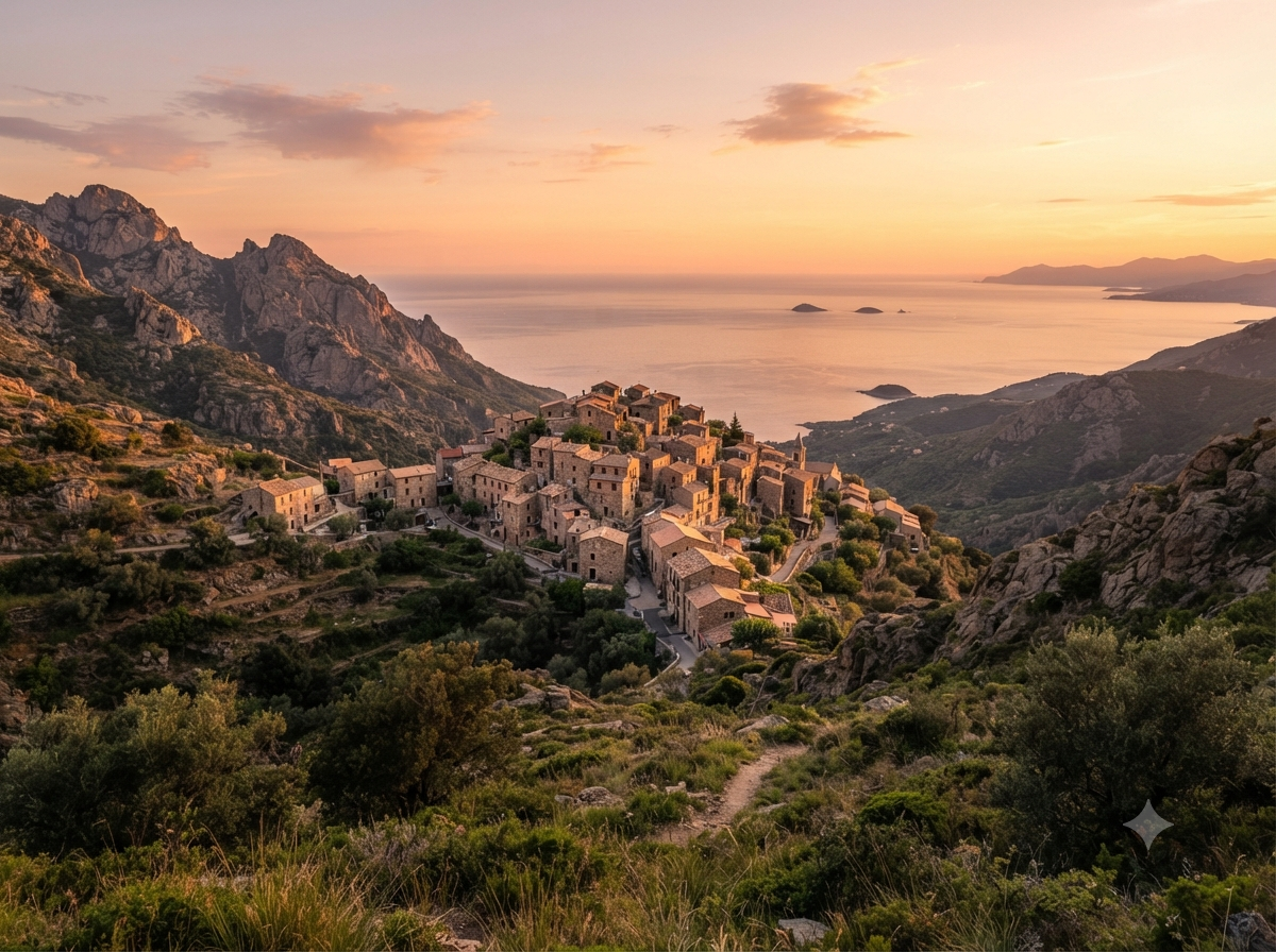 Village de montagne corse avec vue sur la mer Méditerranée