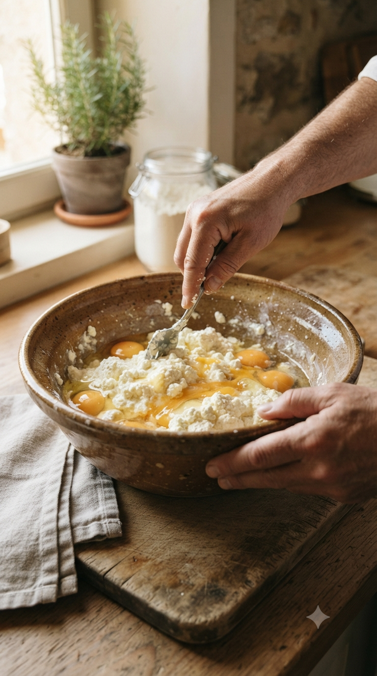Mains mélangeant du brocciu écrasé avec des œufs dans un grand bol