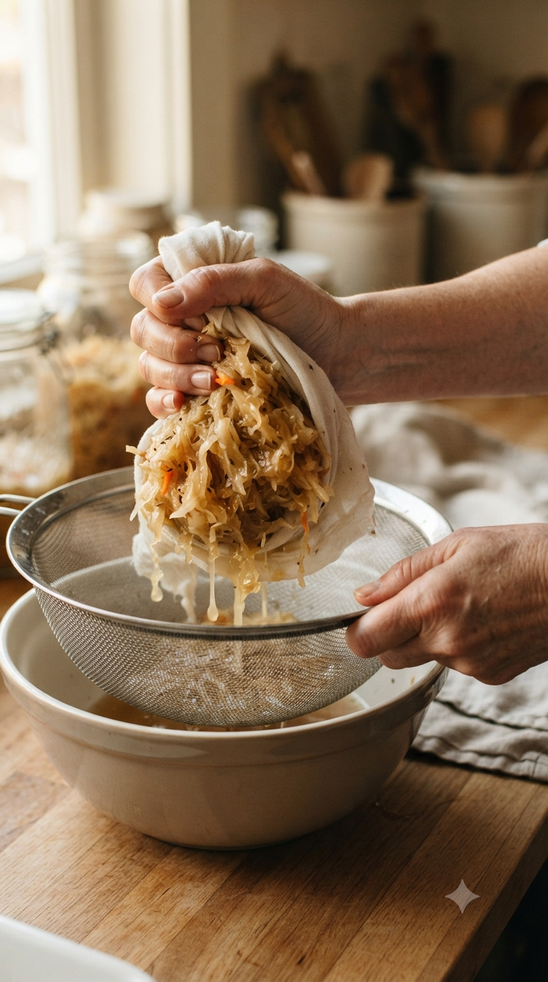 Mains égouttant du chou fermenté au-dessus d’une passoire