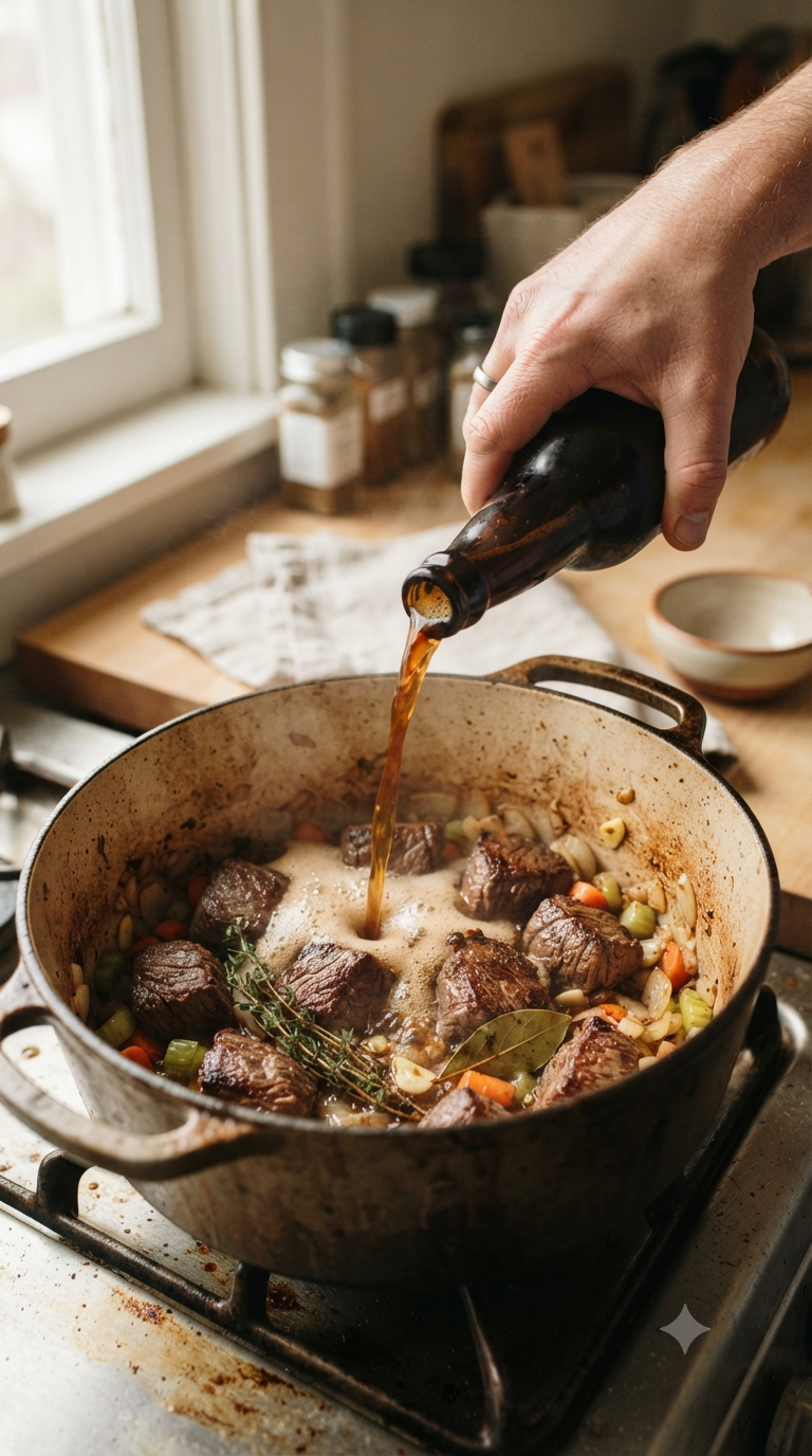 Main versant de la bière brune sur des morceaux de bœuf doré dans une cocotte