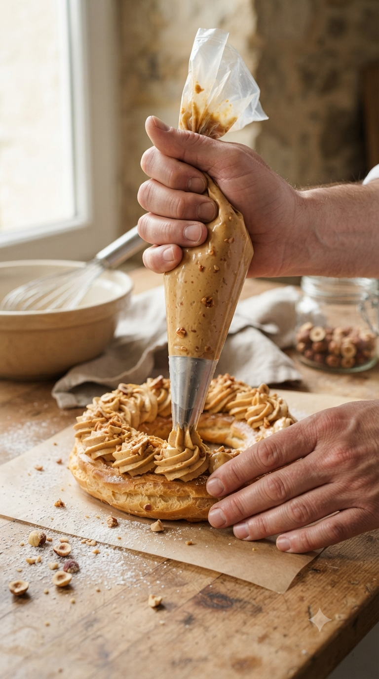 Mains pochant une crème pralinée à la poche à douille sur une couronne de pâte à choux