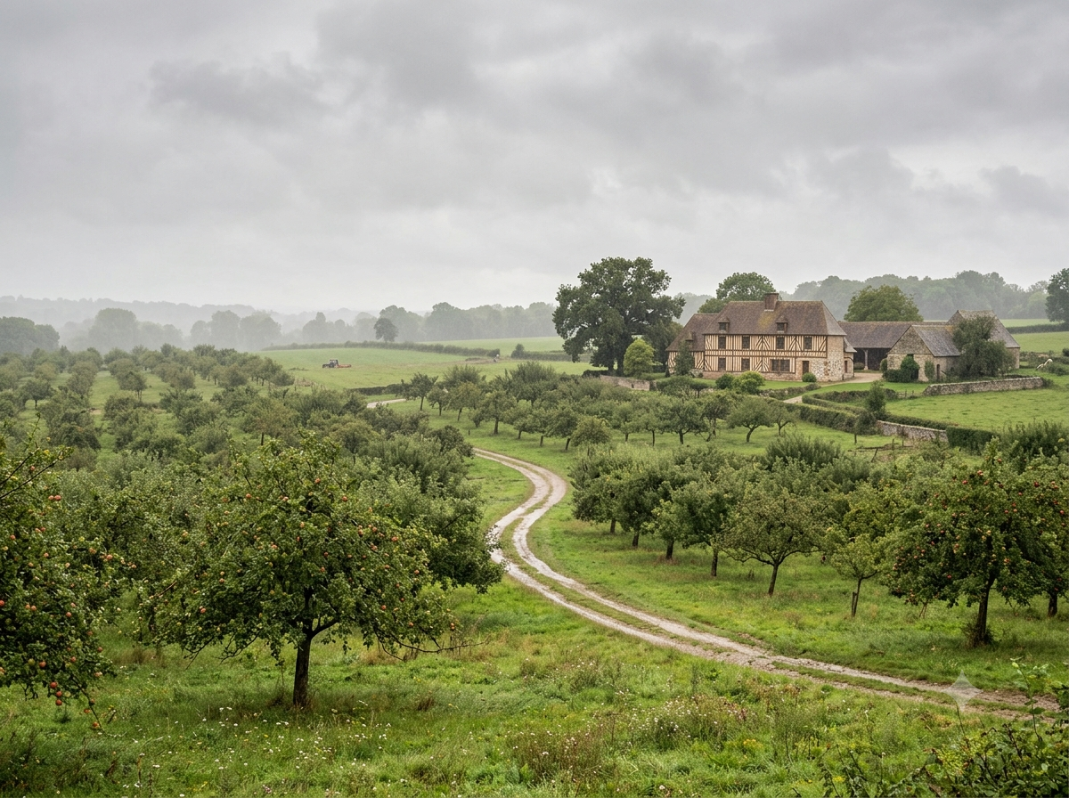Verger de pommiers normand avec maison à colombages en arrière-plan