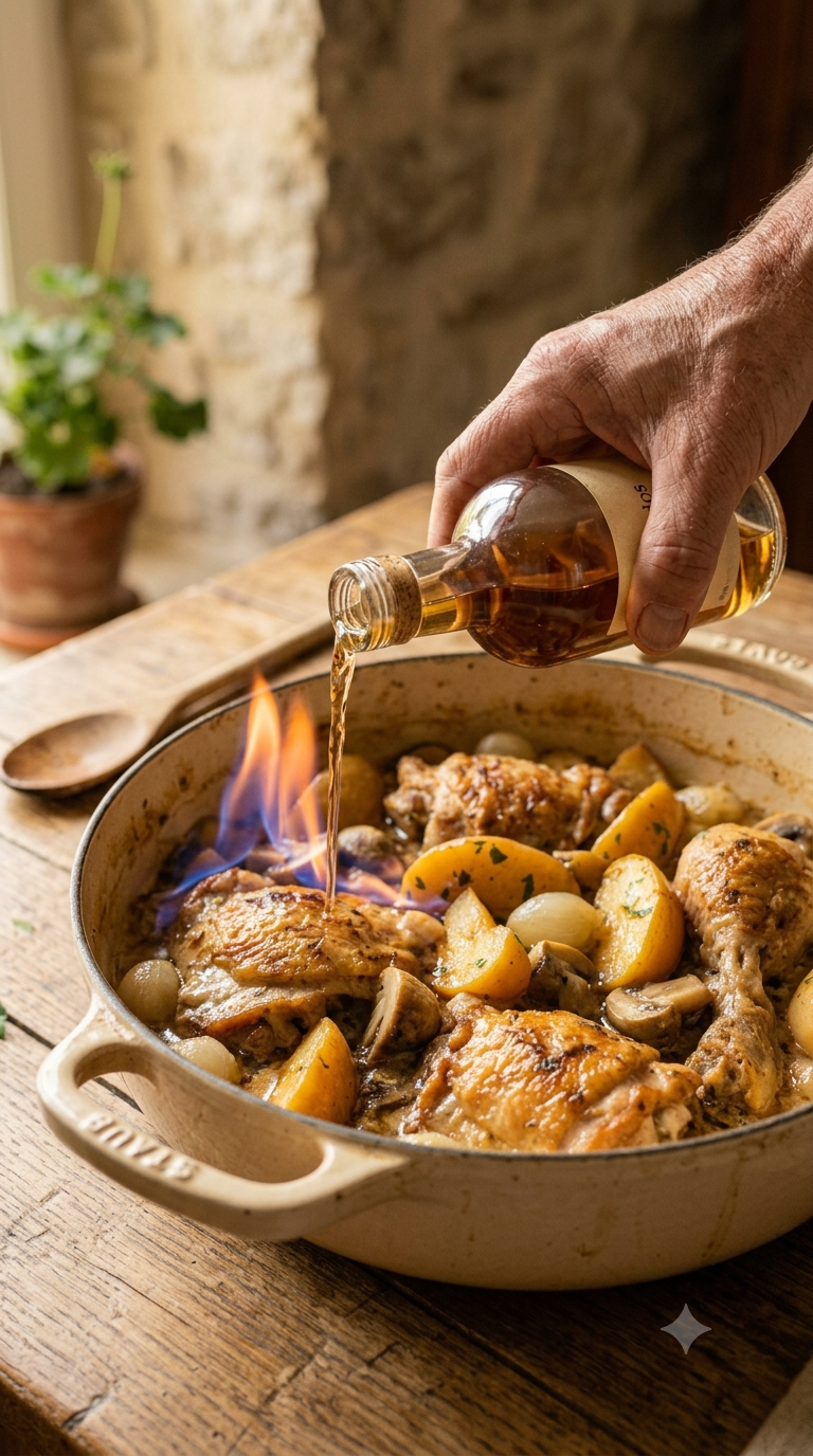 Main versant du calvados sur du poulet doré dans une cocotte, légère flamme visible