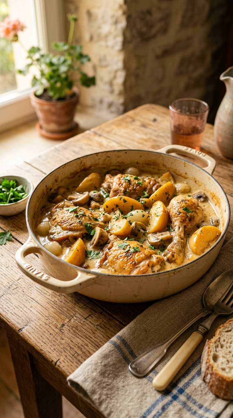 Poulet vallée d’Auge servi dans une cocotte crème, sauce et pommes visibles