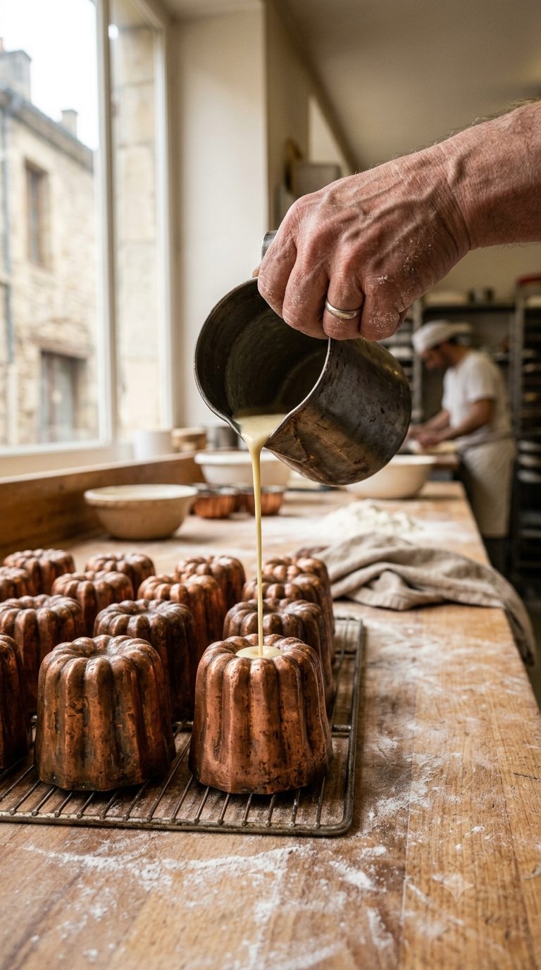 Main versant une pâte fine dans un moule en cuivre cannelé