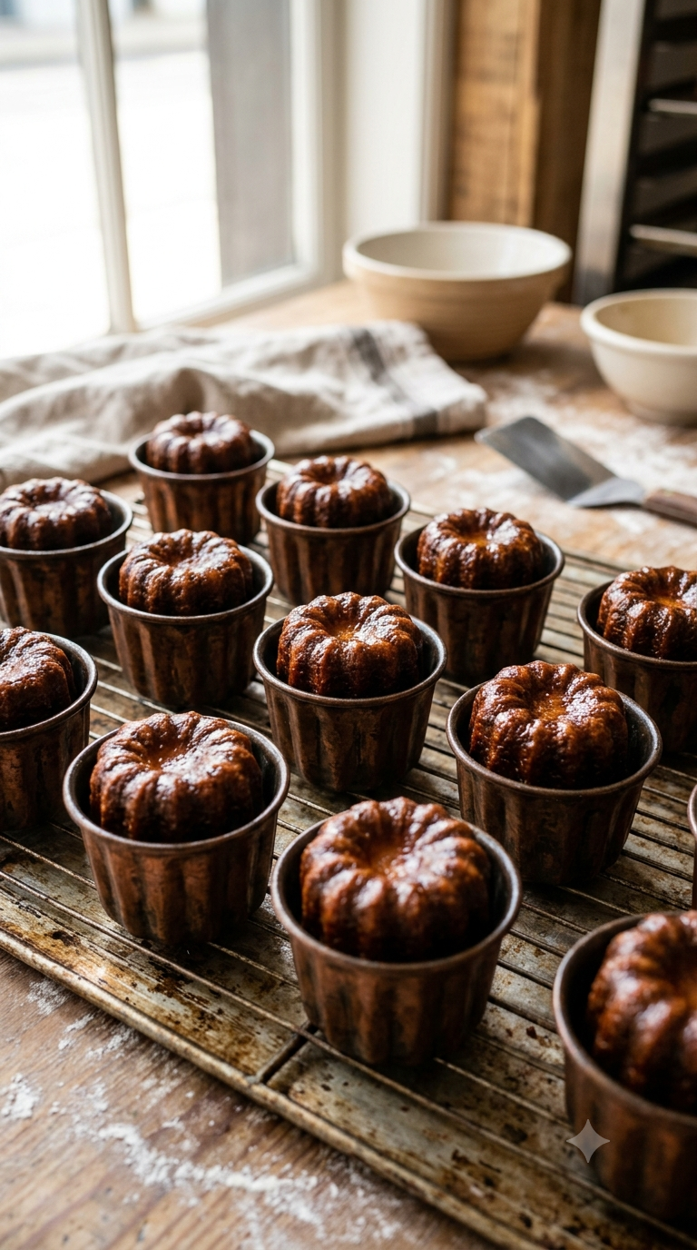Plusieurs cannelés bordelais alignés dans leurs moules en cuivre