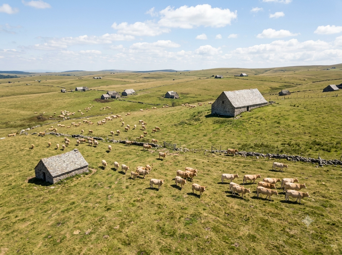 Plateau de l’Aubrac avec troupeaux et burons traditionnels
