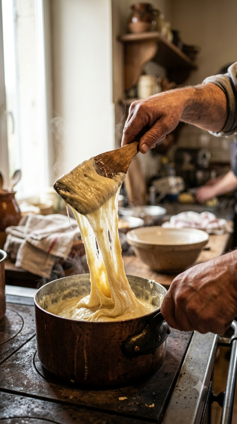 Mains travaillant énergiquement de l’aligot à la spatule en bois, texture filante visible