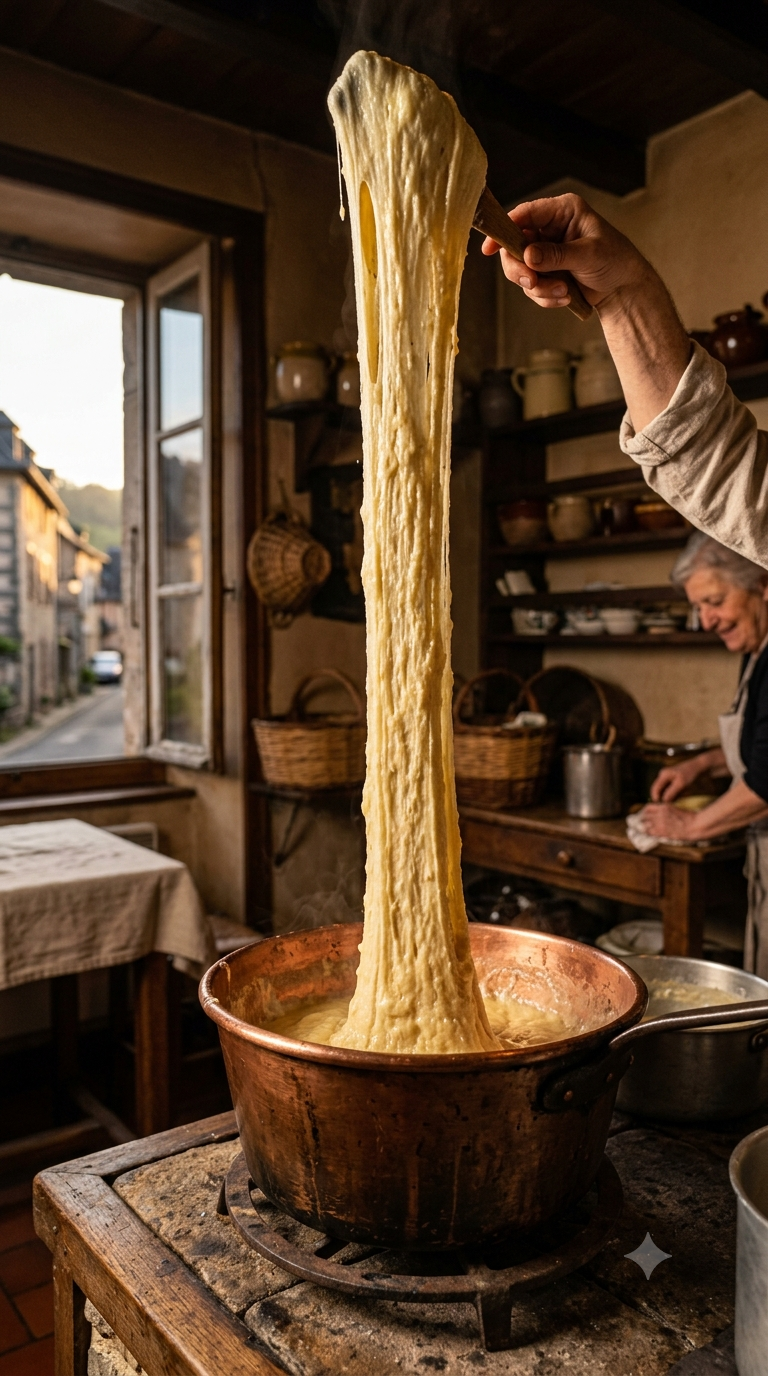 Aligot filant en hauteur depuis une grande marmite en cuivre