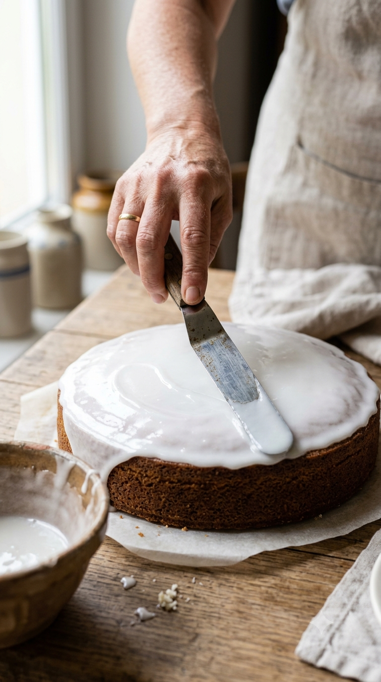 Main nappant un gâteau d’un glaçage blanc brillant à la spatule