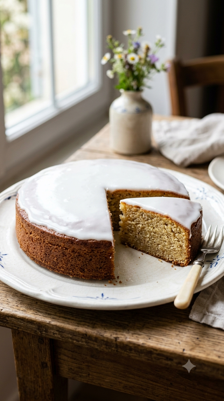 Gâteau nantais tranché avec glaçage blanc brillant