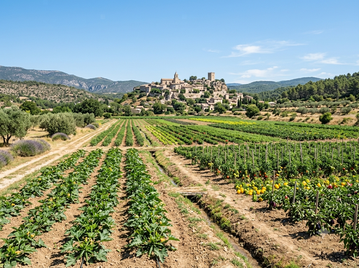Champs de légumes provençaux avec village perché en arrière-plan