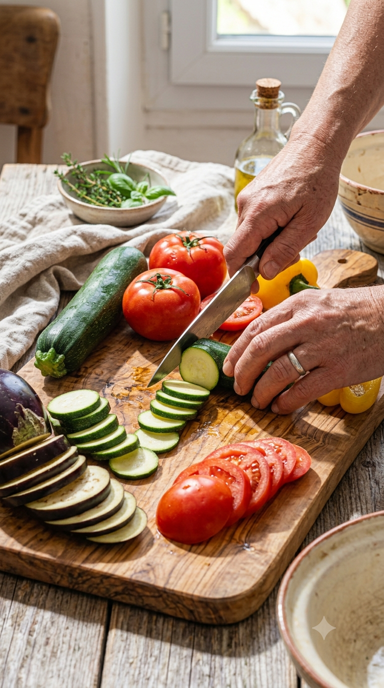 Mains coupant des légumes provençaux colorés en fines rondelles régulières