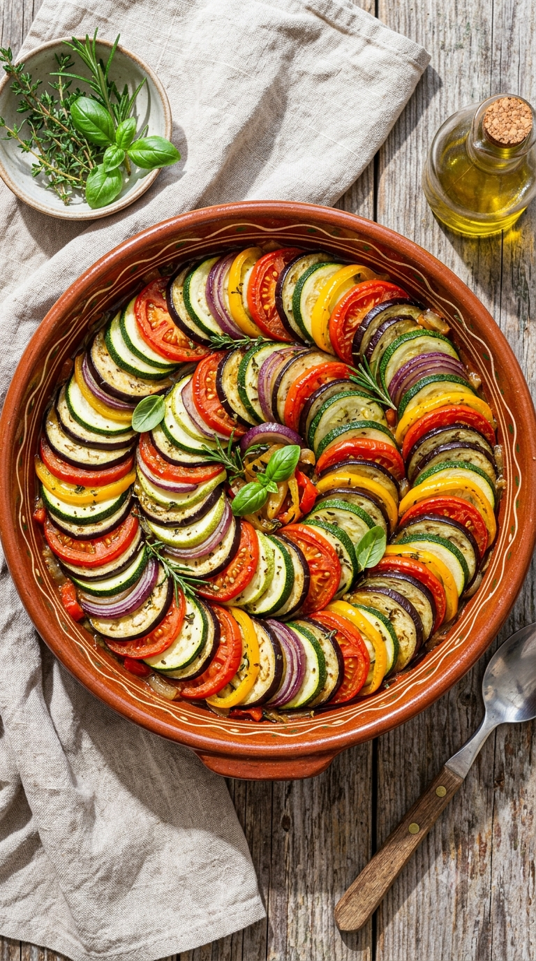 Ratatouille avec légumes provençaux disposés en éventail coloré