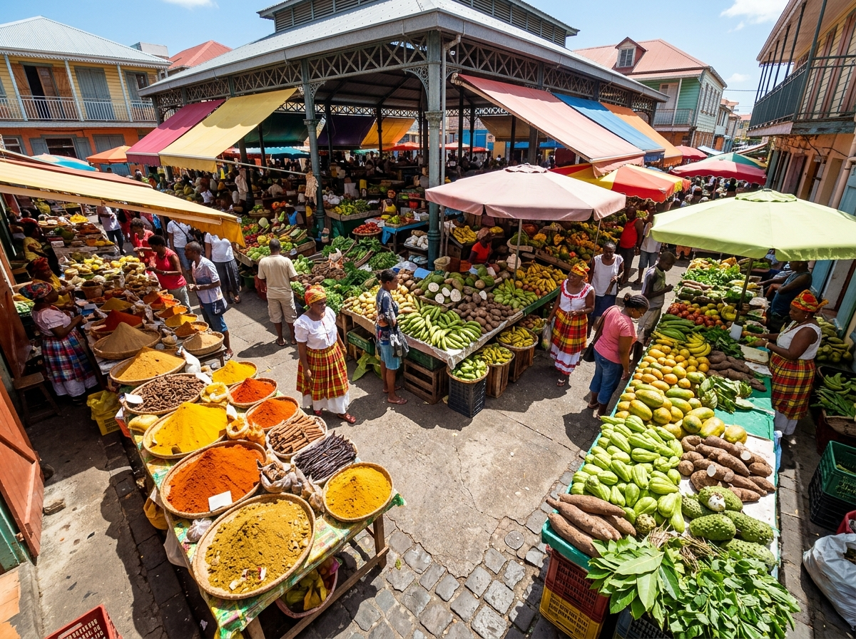 Marché coloré de Pointe-à-Pitre avec étals d’épices et de légumes tropicaux