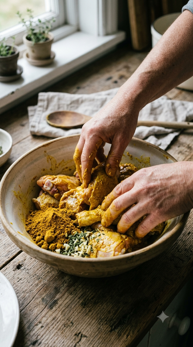 Mains enrobant des morceaux de poulet d’un mélange d’épices colombo