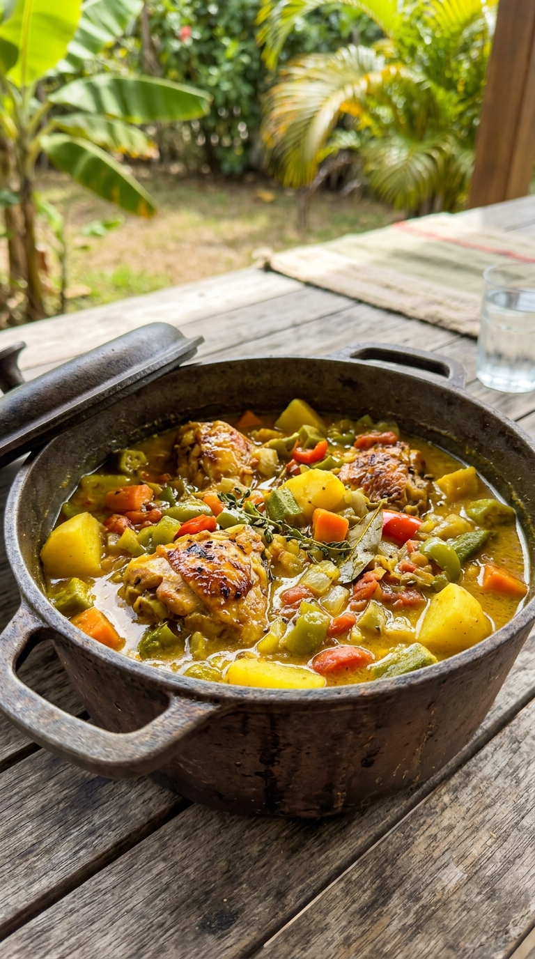 Colombo de poulet guadeloupéen servi dans une cocotte créole, sauce jaune safranée
