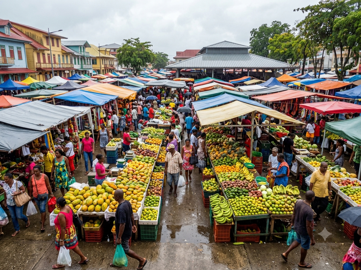 Marché créole de Cayenne avec étals de fruits tropicaux