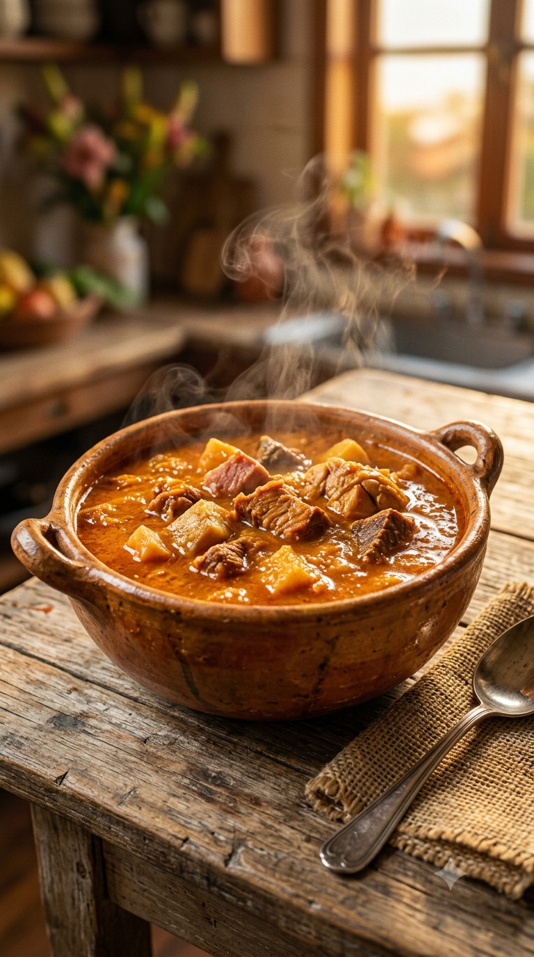 Bouillon d’awara fumant servi dans un bol en terre cuite créole