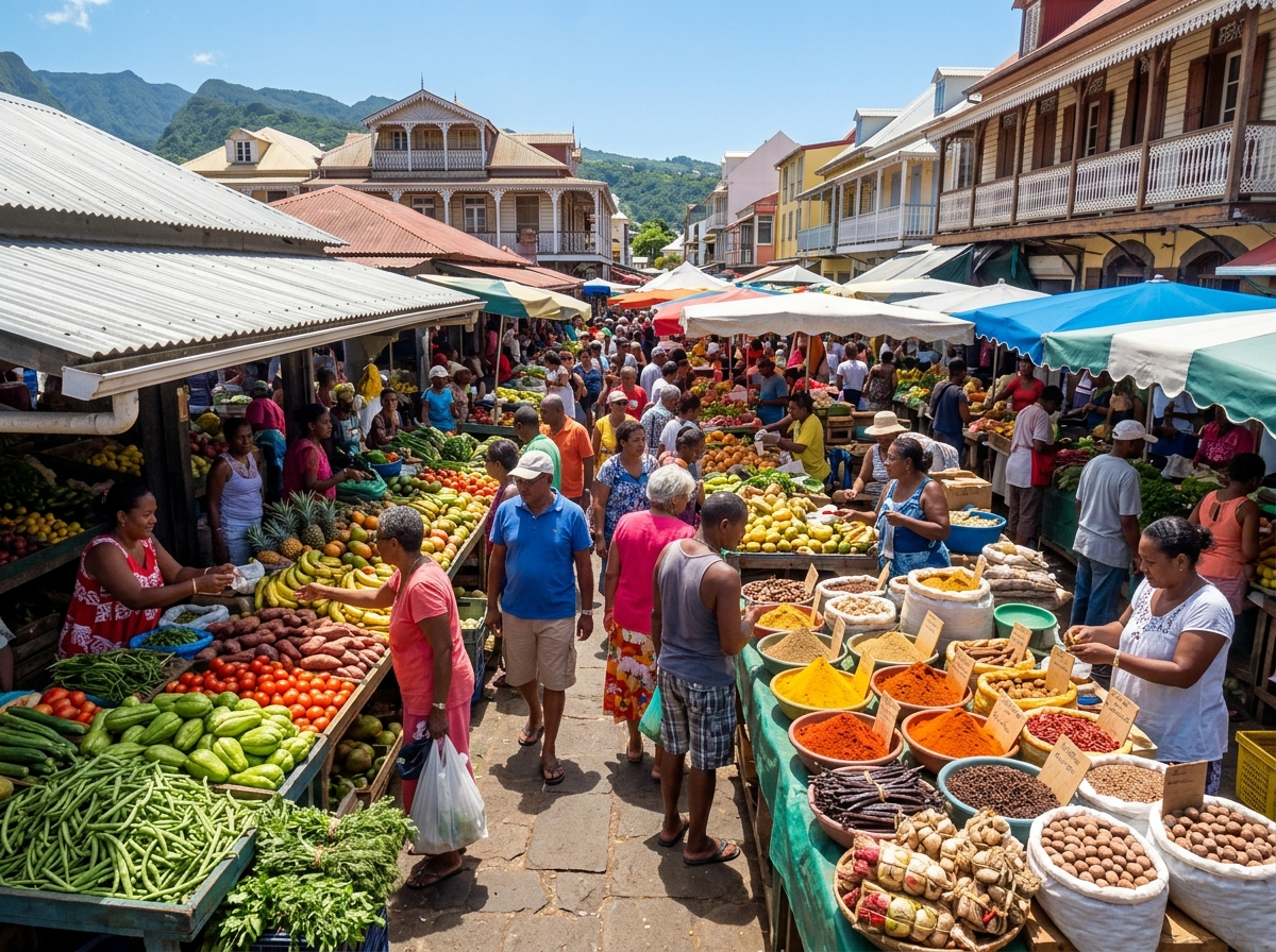 Marché créole de Saint-Denis de La Réunion avec étals d’épices et de légumes