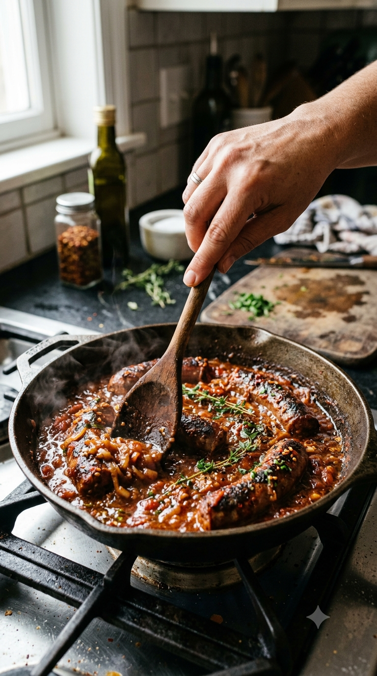 Main remuant des saucisses fumées dans une sauce tomate épicée dans une poêle