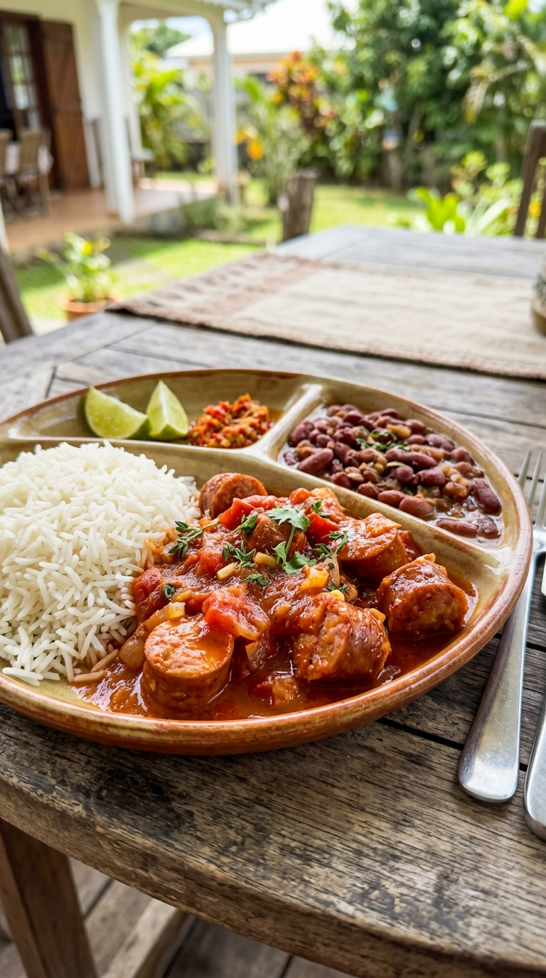 Rougail saucisse servi avec riz blanc et grains, sauce tomate rouge vif