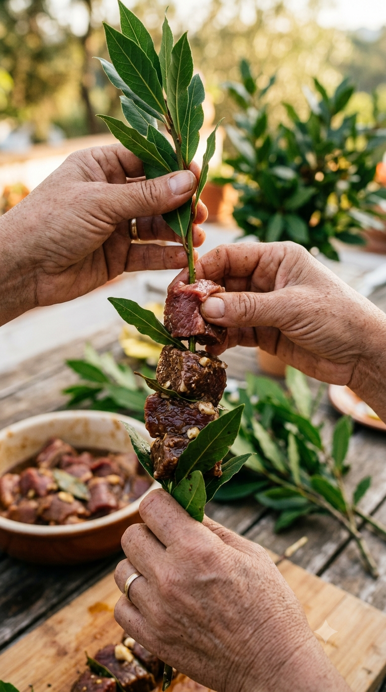 Mains embrochant des cubes de bœuf marinés sur une branche de laurier fraîche