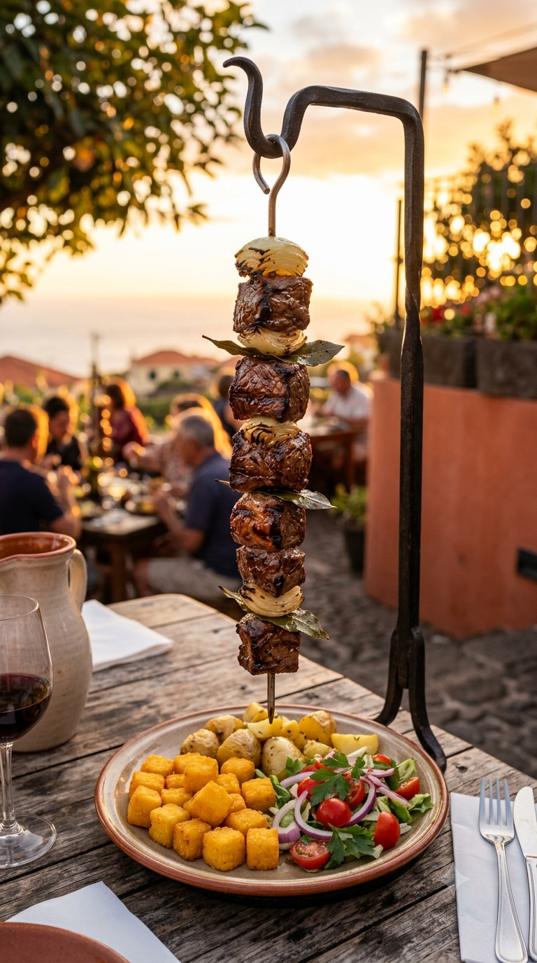 Espetada portugaise suspendue sur son support en fer forgé, cubes de bœuf grillés