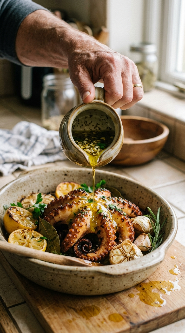 Mains arrosant le poulpe et les pommes de terre d’huile d’olive