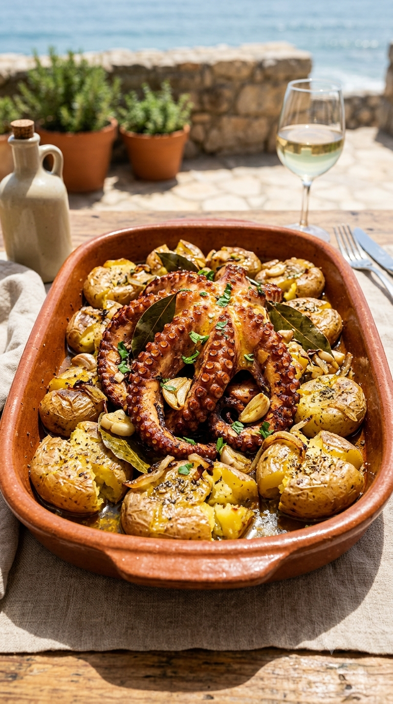 Poulpe à Lagareiro rôti au four avec pommes de terre et huile d’olive
