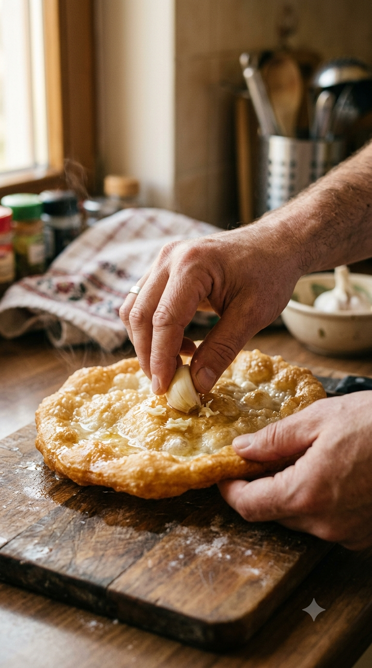 Mains étalant une boule de pâte à lángos sur un plan de travail fariné