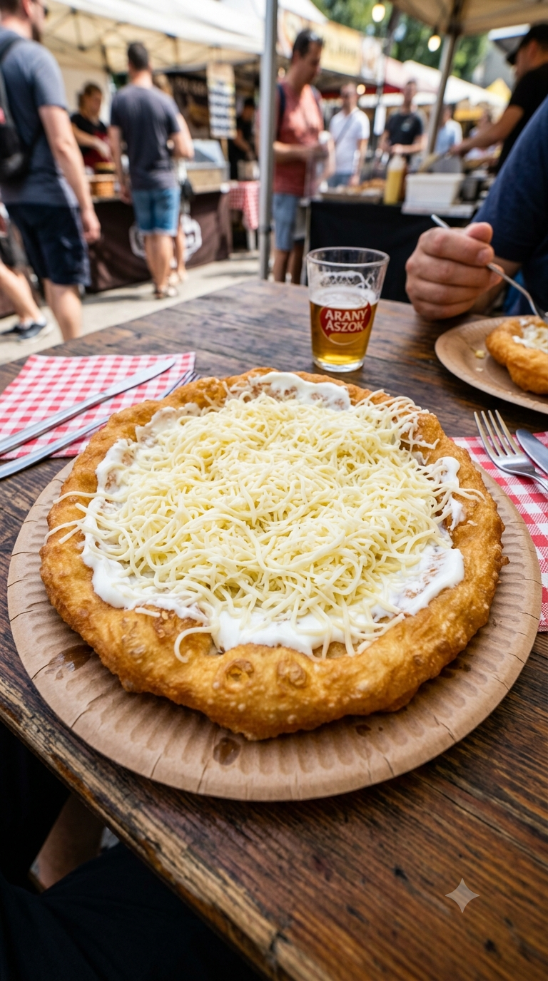 Lángos hongrois doré recouvert de crème aigre et de fromage