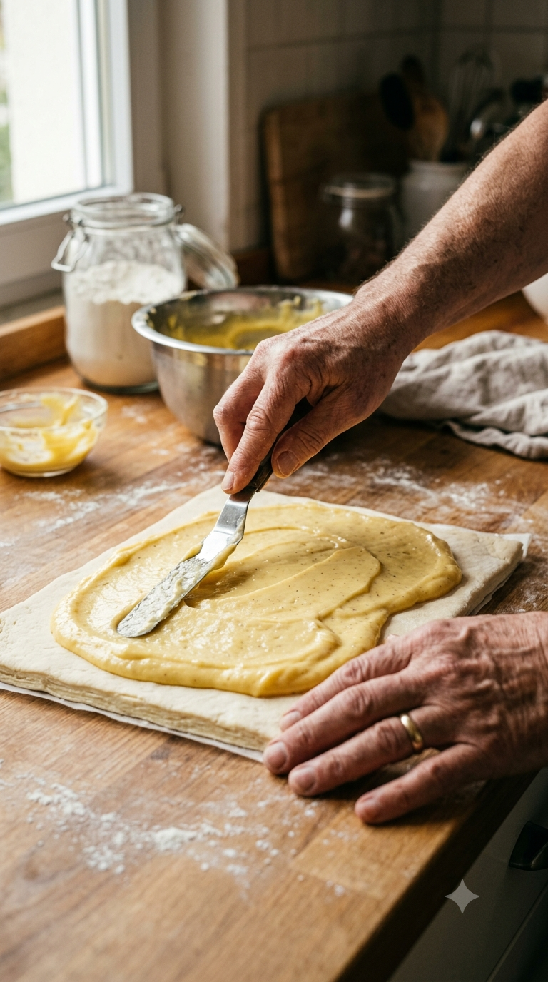 Mains versant la crème pâtissière chaude sur la pâte feuilletée