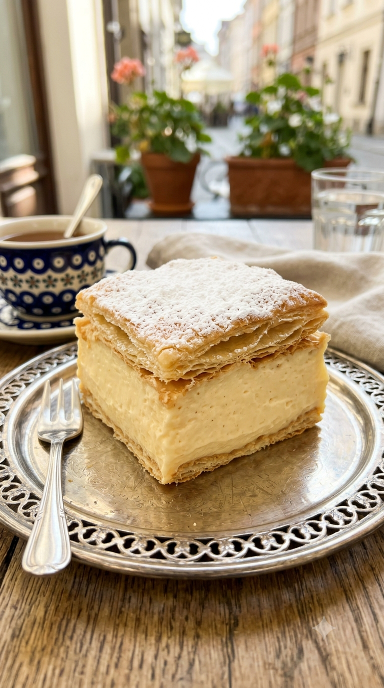 Kremówka polonaise, carré de pâte feuilletée et crème pâtissière saupoudré de sucre glace
