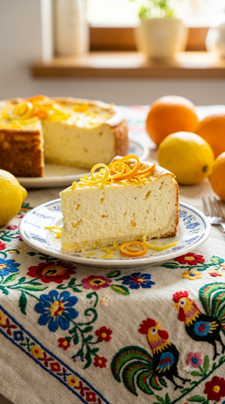 Sernik aux agrumes polonais, part de cheesecake au zeste de citron et d’orange