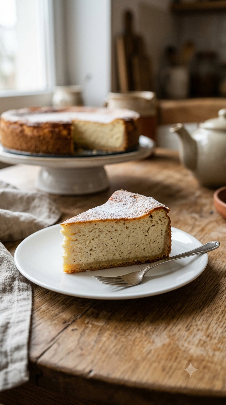 Sernik polonais classique, part de cheesecake dense sur fond de pâte sablée