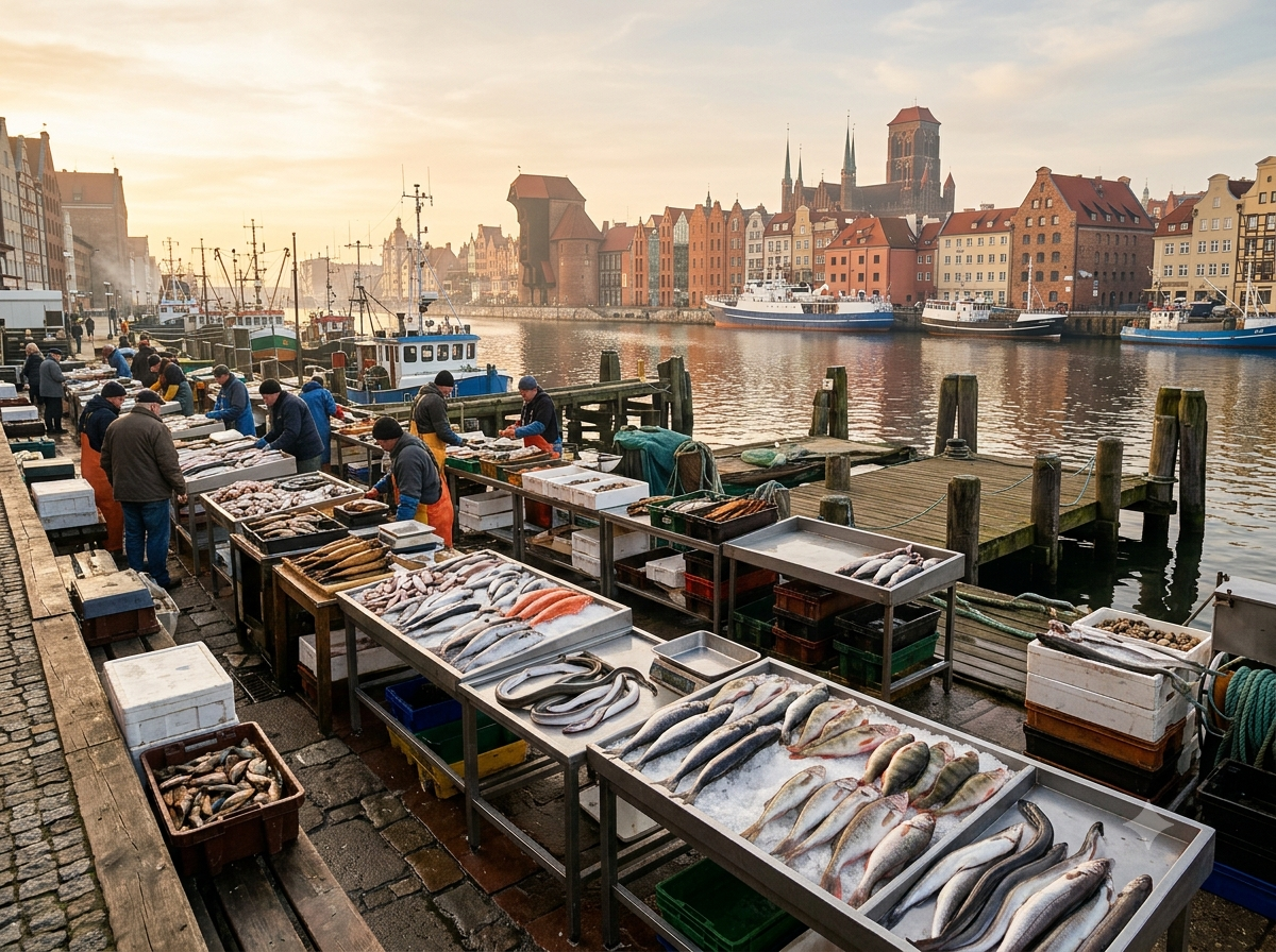 Étal de poissonnier traditionnel sur un marché polonais