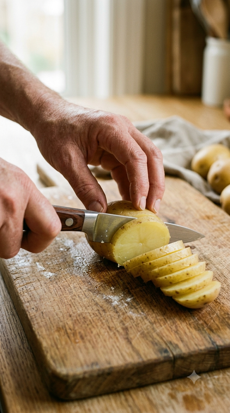 Mains coupant des pommes de terre cuites en rondelles