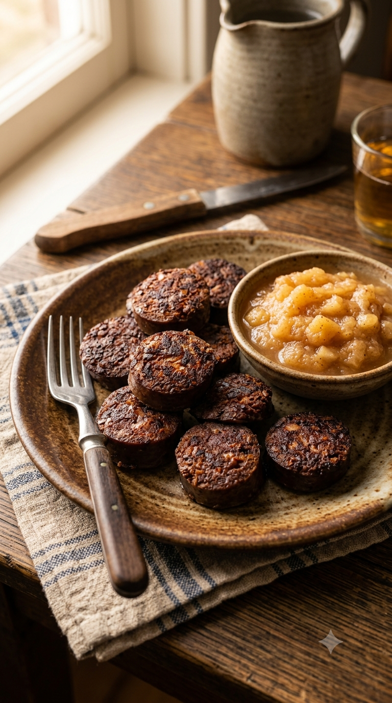 Blutwurst poêlé servi avec purée de pommes de terre et pommes fondantes