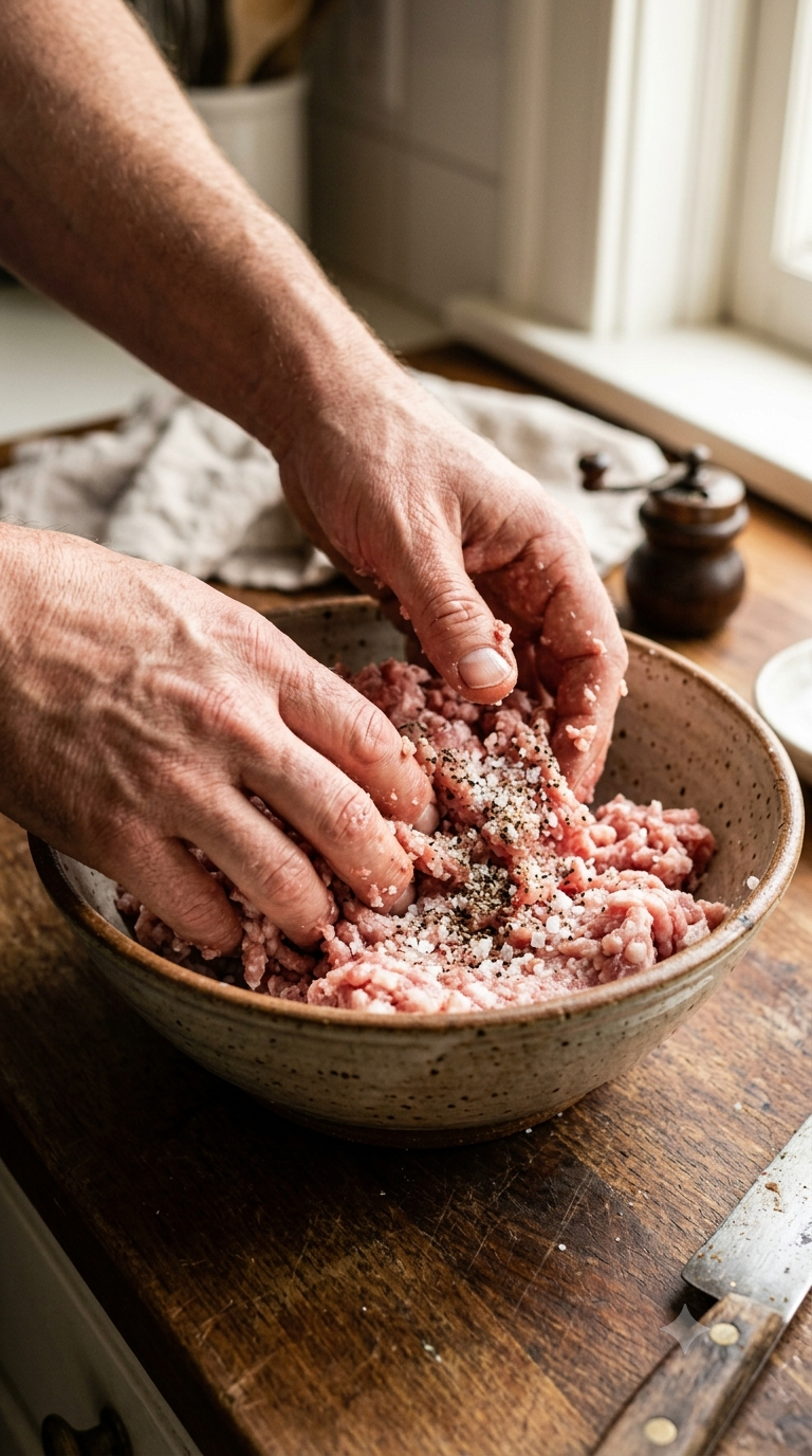 Mains mélangeant la viande hachée assaisonnée dans un saladier