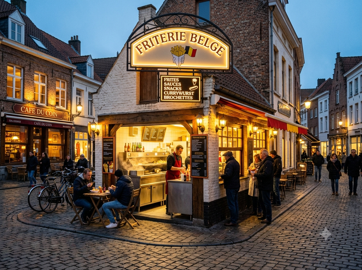 Friterie belge traditionnelle en soirée, enseigne lumineuse