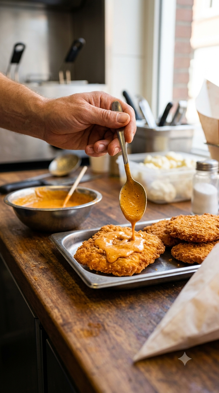 Main nappant une galette de poulet pané de sauce orangée