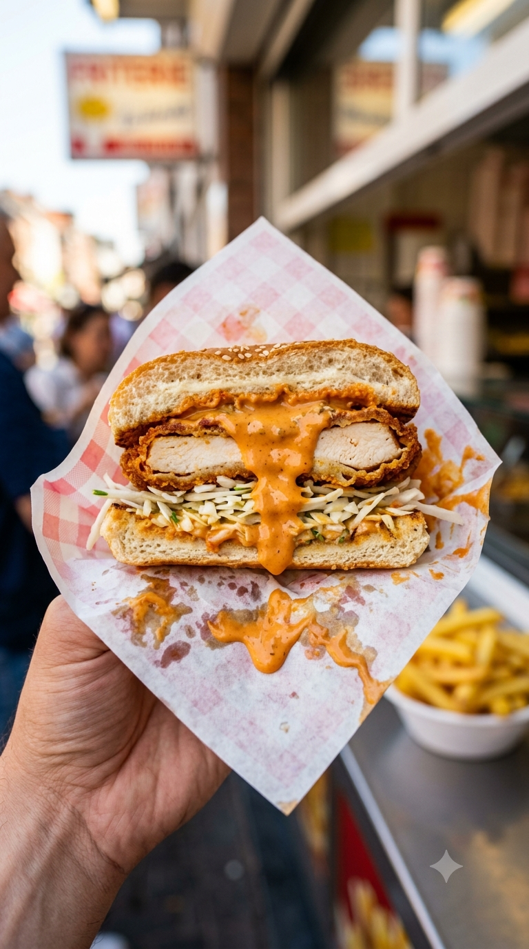 Bicky Burger belge coupé en deux, sauce orangée coulante bien visible
