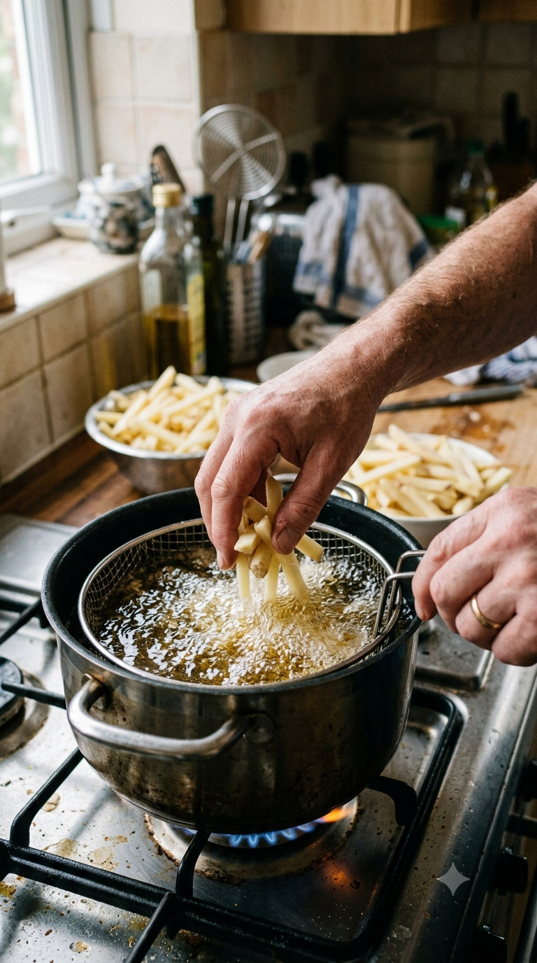 Mains coupant des pommes de terre en bâtonnets réguliers