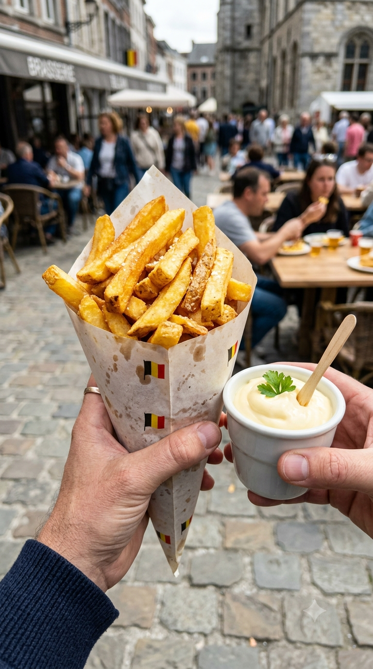 Pommes frites belges croustillantes servies dans un cornet en papier